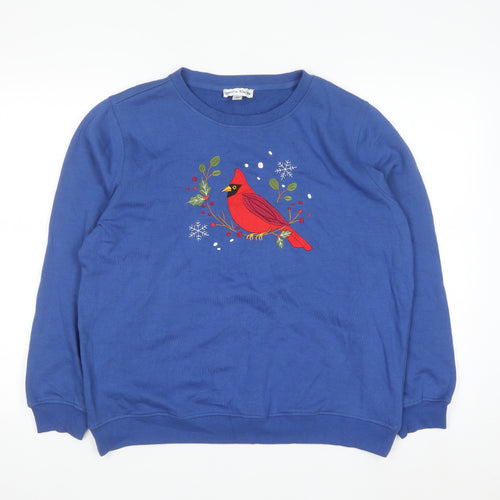 Rebecca Malone Women's Blue Pullover Sweatshirt L Cotton Blend Bird Motif