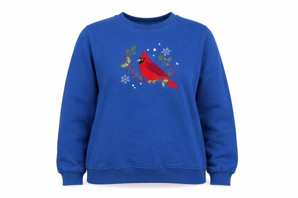 Front view of Rebecca Malone Women's Blue Pullover Sweatshirt L Cotton Blend Bird Motif
