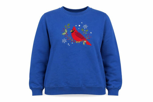 Front view of Rebecca Malone Women's Blue Pullover Sweatshirt L Cotton Blend Bird Motif