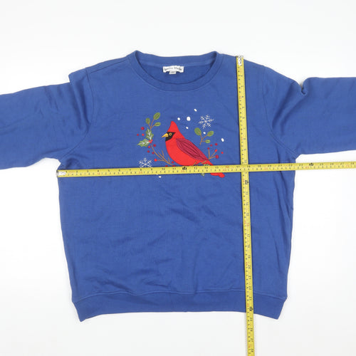 Rebecca Malone Women's Blue Pullover Sweatshirt L Cotton Blend Bird Motif