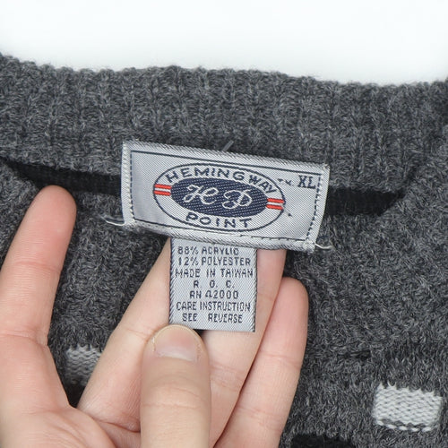 Hemingway Point Men's Grey Check Knit Crew Neck Jumper XL