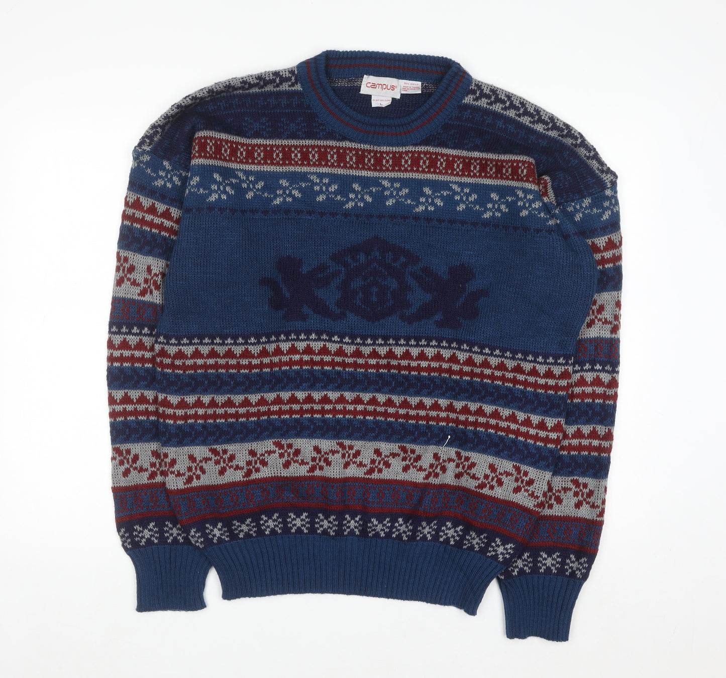 Campus Men's Blue Fair Isle Acrylic Knit Pullover Jumper L