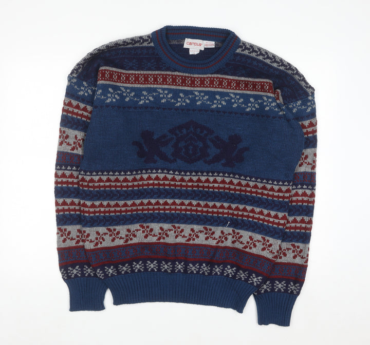 Campus Men's Blue Fair Isle Acrylic Knit Pullover Jumper L