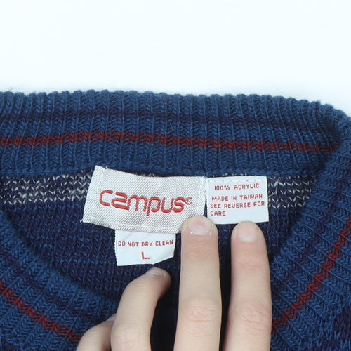 Campus Men's Blue Fair Isle Acrylic Knit Pullover Jumper L