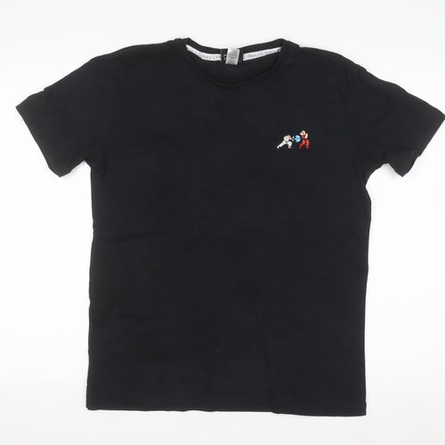 Percival Men's Black Embroidered Cartoon Crew Neck Cotton T-Shirt M
