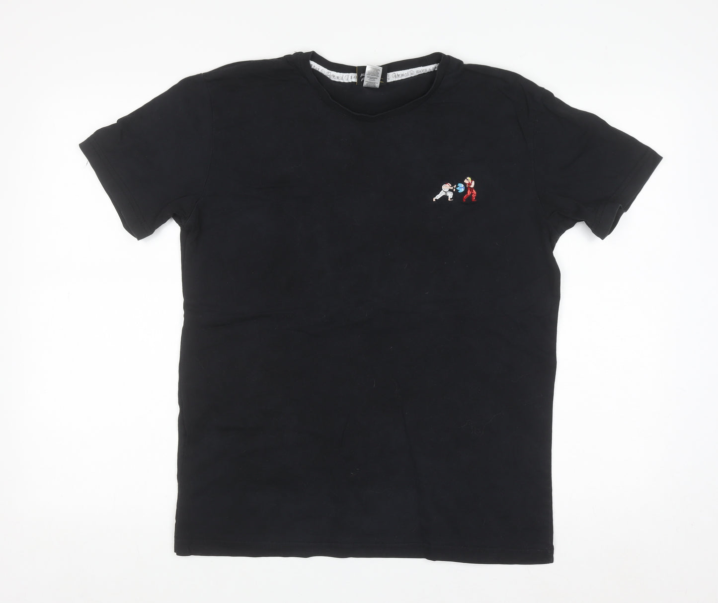 Percival Men's Black Embroidered Cartoon Crew Neck Cotton T-Shirt M