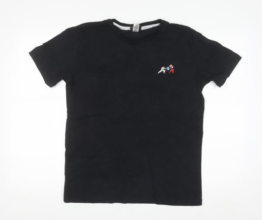 Percival Men's Black Embroidered Cartoon Crew Neck Cotton T-Shirt M