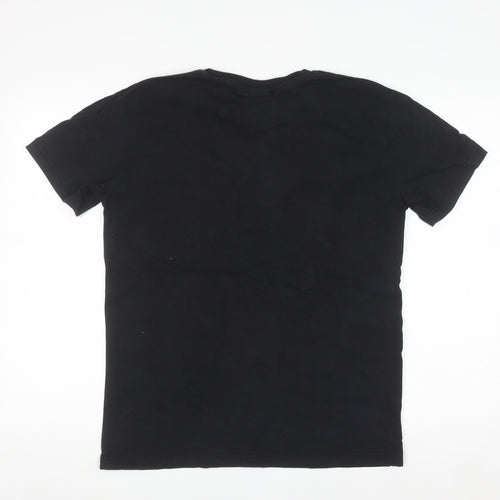 Percival Men's Black Embroidered Cartoon Crew Neck Cotton T-Shirt M