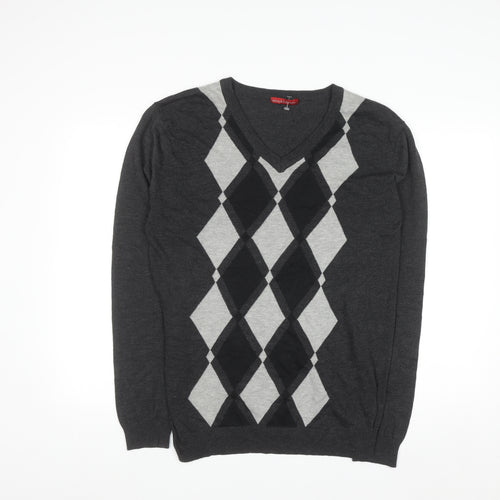 Stockhomme Men's Grey Argyle V-Neck Acrylic Jumper L