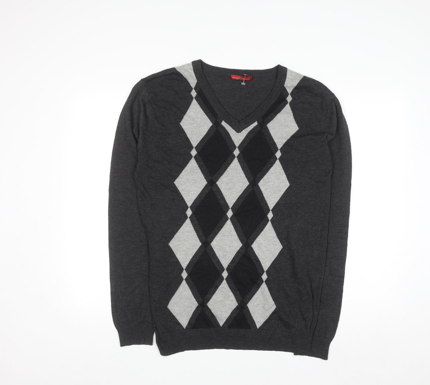 Stockhomme Men's Grey Argyle V-Neck Acrylic Jumper L