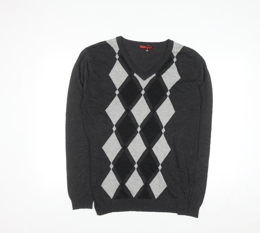 Stockhomme Men's Grey Argyle V-Neck Acrylic Jumper L