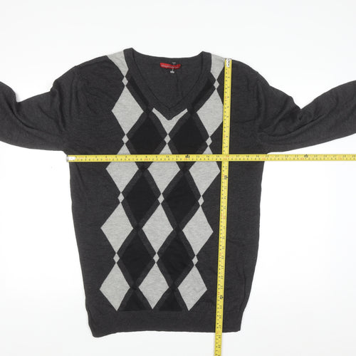 Stockhomme Men's Grey Argyle V-Neck Acrylic Jumper L