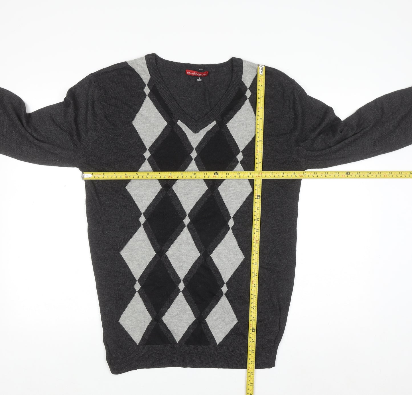 Stockhomme Men's Grey Argyle V-Neck Acrylic Jumper L