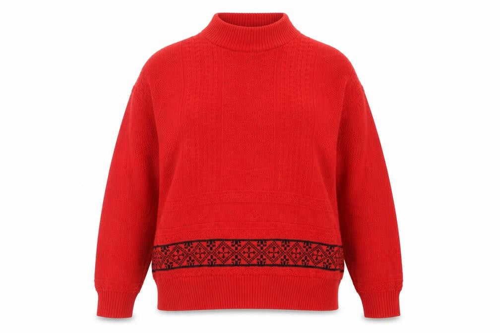 Front view of Shirley K Women's Red Acrylic Mock Neck Cable-Knit Jumper M