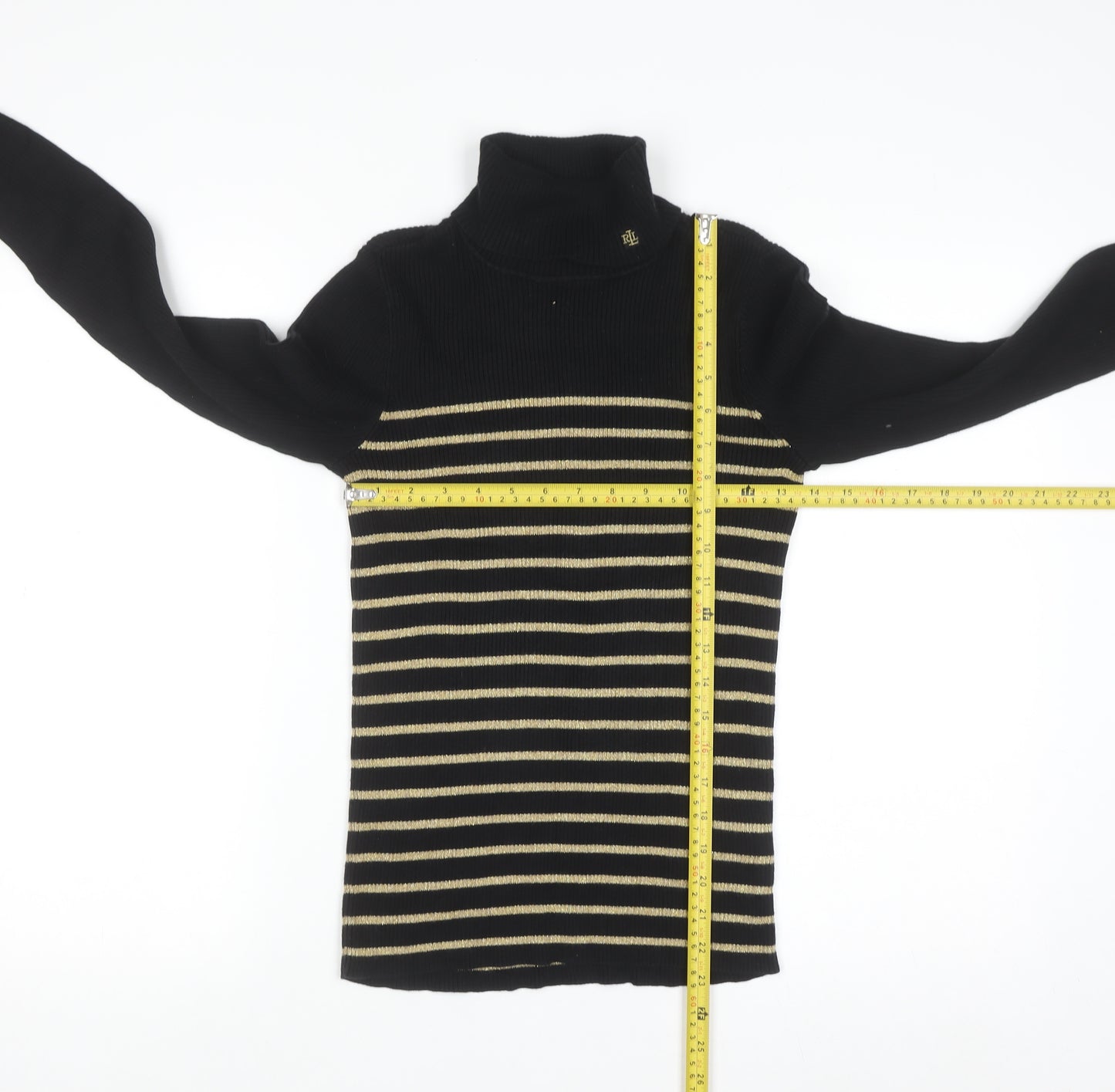 Ralph Lauren Womens Black Striped Roll Neck Knit Jumper Size M