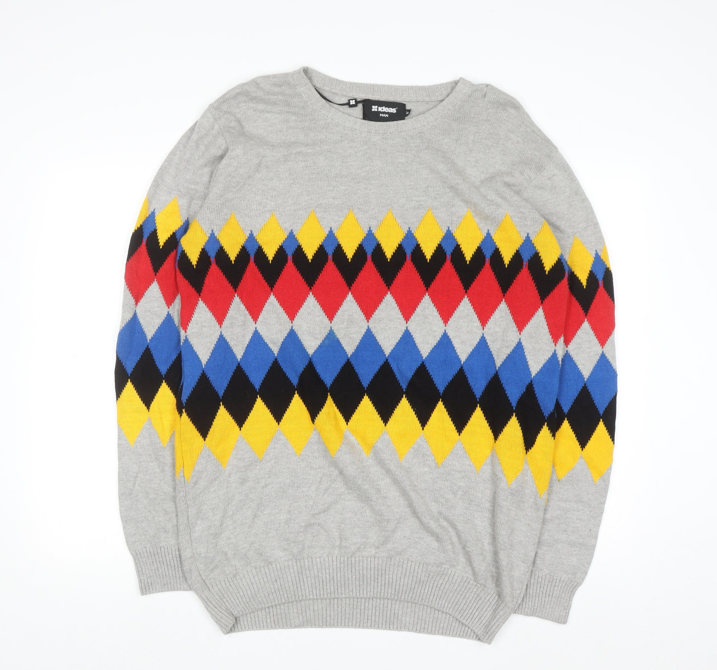Ideas Men Grey Argyle Diamond Knit Cotton Jumper XL