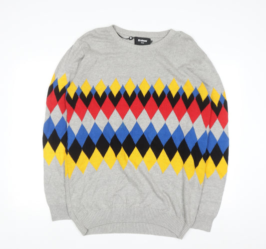 Ideas Men Grey Argyle Diamond Knit Cotton Jumper XL