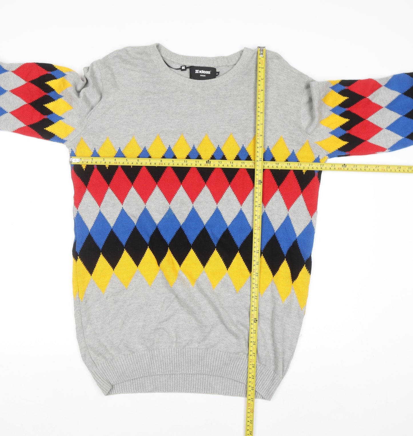 Ideas Men Grey Argyle Diamond Knit Cotton Jumper XL