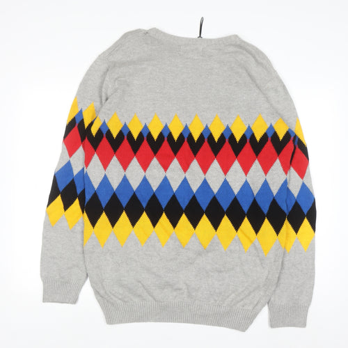 Ideas Men Grey Argyle Diamond Knit Cotton Jumper XL