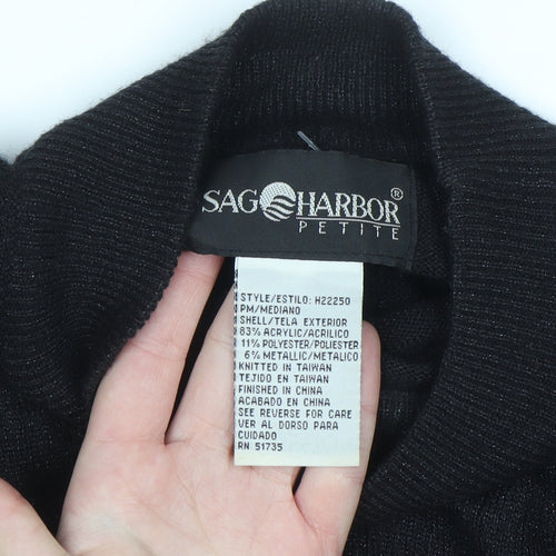 Sag Harbor Women Black Mock Neck Short Sleeve Petite Pullover Jumper M