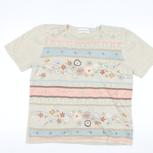 Alfred Dunner Women Beige Floral Embroidered Knit Jumper Size M