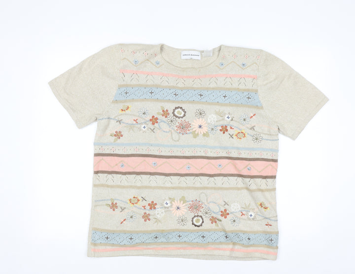 Alfred Dunner Women Beige Floral Embroidered Knit Jumper Size M
