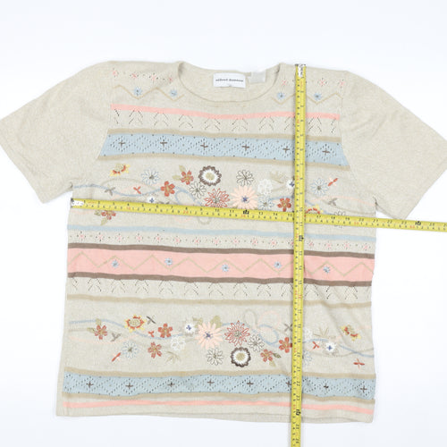 Alfred Dunner Women Beige Floral Embroidered Knit Jumper Size M
