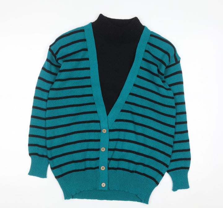 AMILANO Women's Blue Striped V-Neck Button Cardigan M