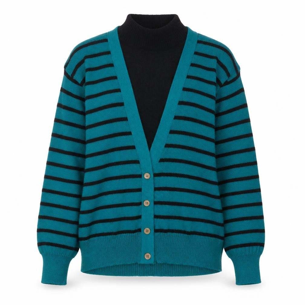 Front view of AMILANO Women's Blue Striped V-Neck Button Cardigan M