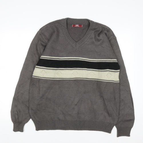 MK Collection Men's Grey V-Neck Pullover Jumper L Knitwear