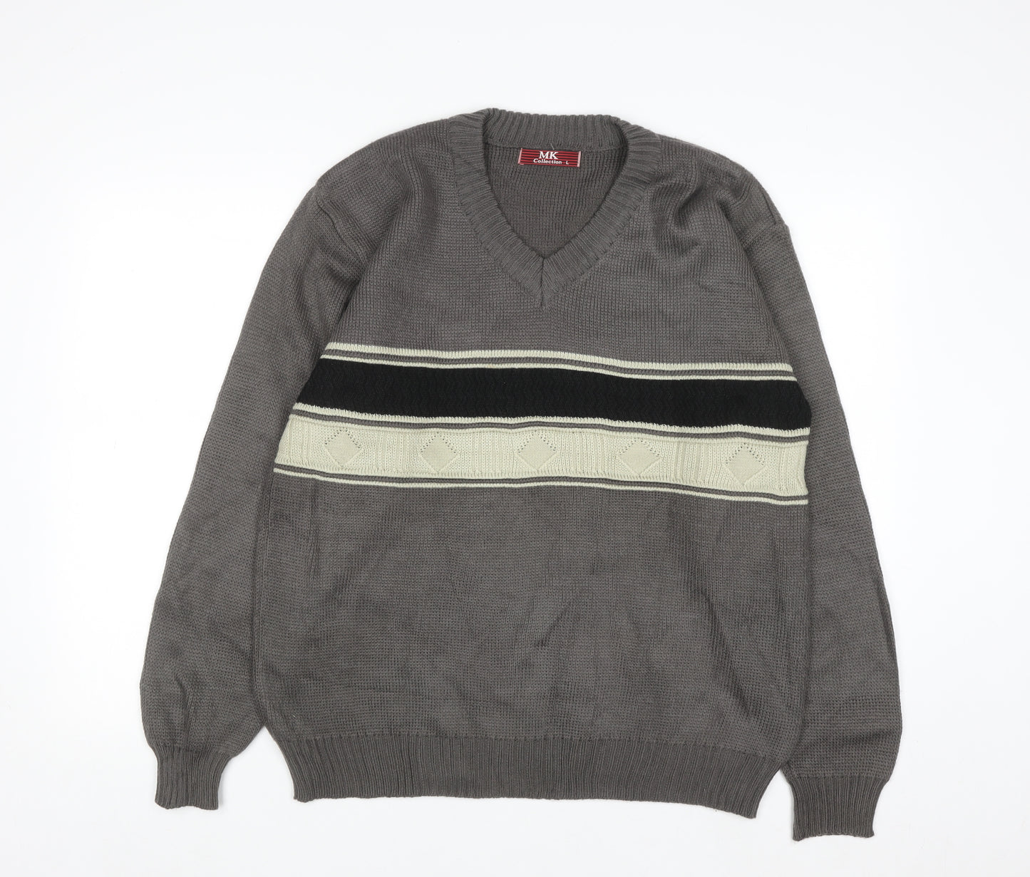 MK Collection Men's Grey V-Neck Pullover Jumper L Knitwear