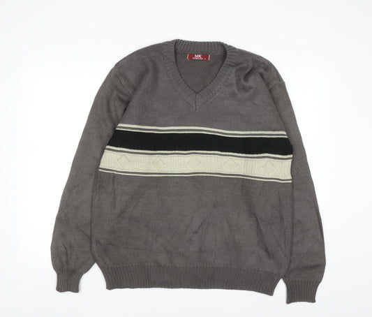 MK Collection Men's Grey V-Neck Pullover Jumper L Knitwear