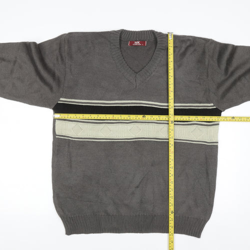MK Collection Men's Grey V-Neck Pullover Jumper L Knitwear
