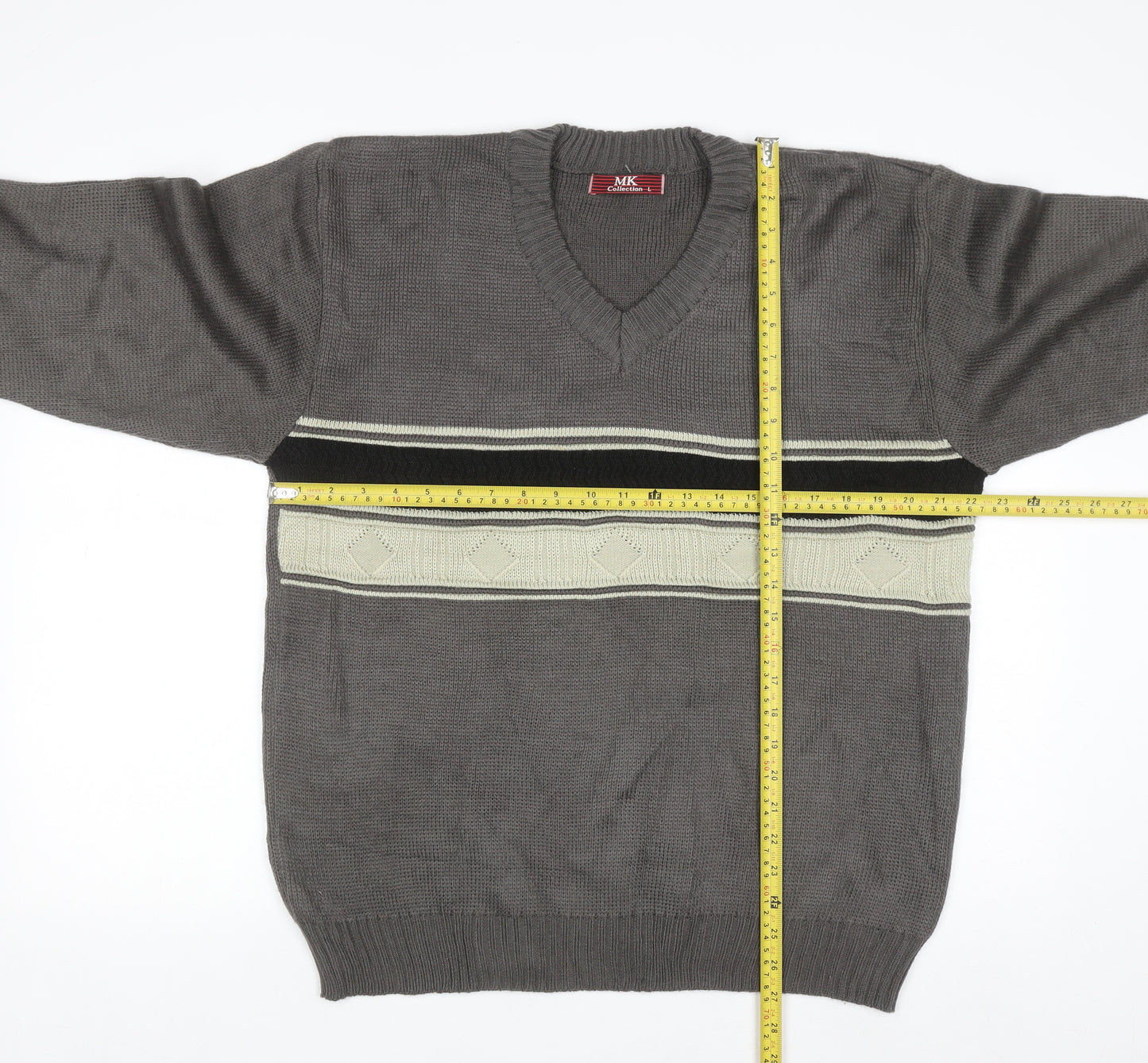 MK Collection Men's Grey V-Neck Pullover Jumper L Knitwear