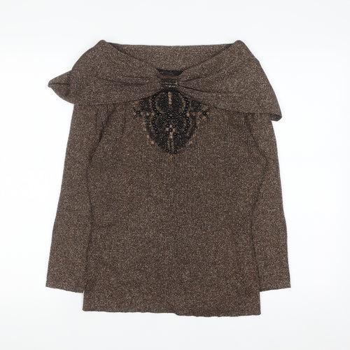 Christine Phillipe Womens Brown Beaded Boat Neck L Knit Jumper