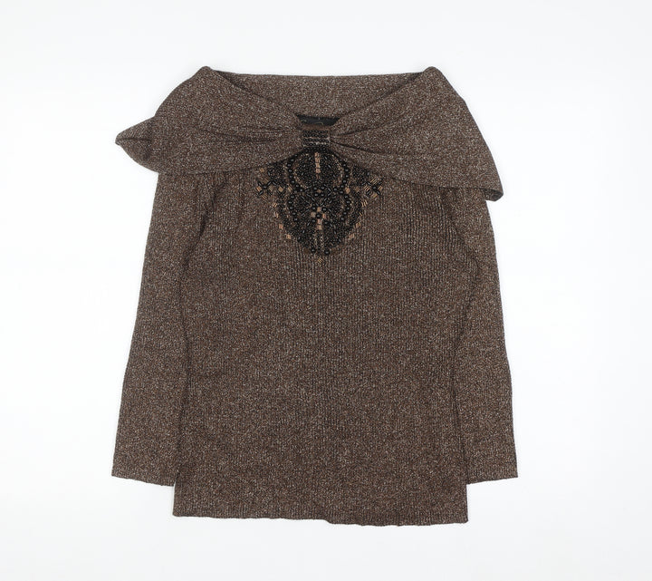 Christine Phillipe Womens Brown Beaded Boat Neck L Knit Jumper
