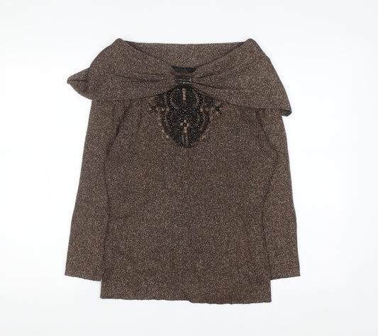 Christine Phillipe Womens Brown Beaded Boat Neck L Knit Jumper