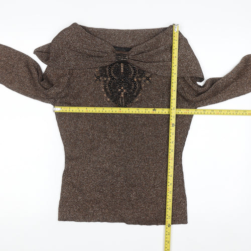 Christine Phillipe Womens Brown Beaded Boat Neck L Knit Jumper