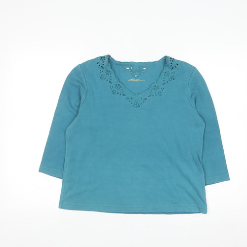Dash Womens Blue V-Neck 3/4 Sleeve Cotton Stretch Top Size 14