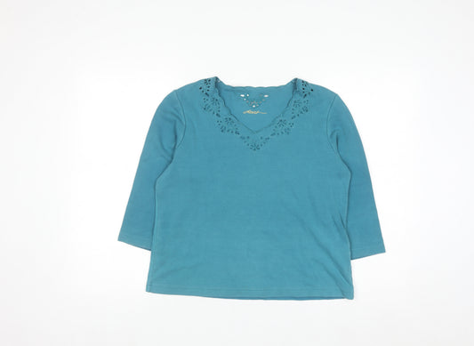 Dash Womens Blue V-Neck 3/4 Sleeve Cotton Stretch Top Size 14
