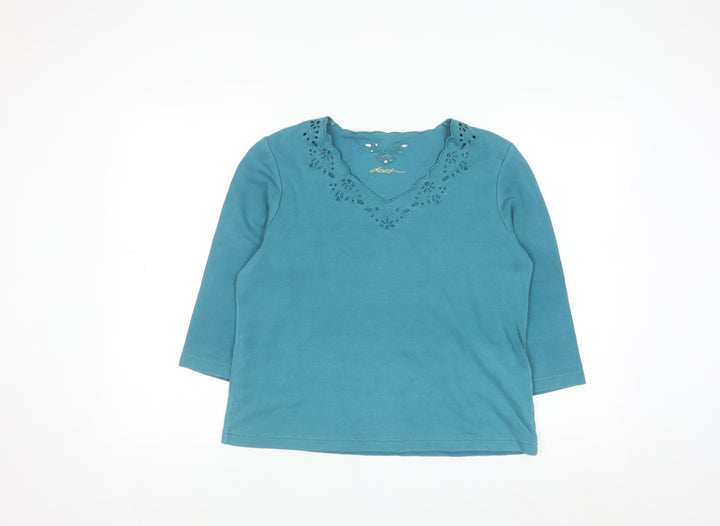 Dash Womens Blue V-Neck 3/4 Sleeve Cotton Stretch Top Size 14