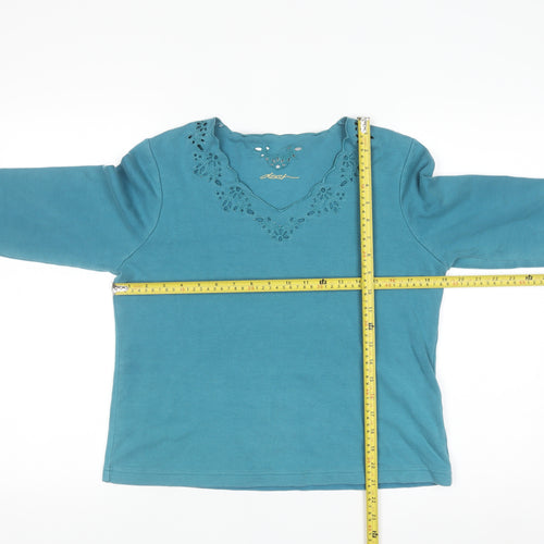 Dash Womens Blue V-Neck 3/4 Sleeve Cotton Stretch Top Size 14