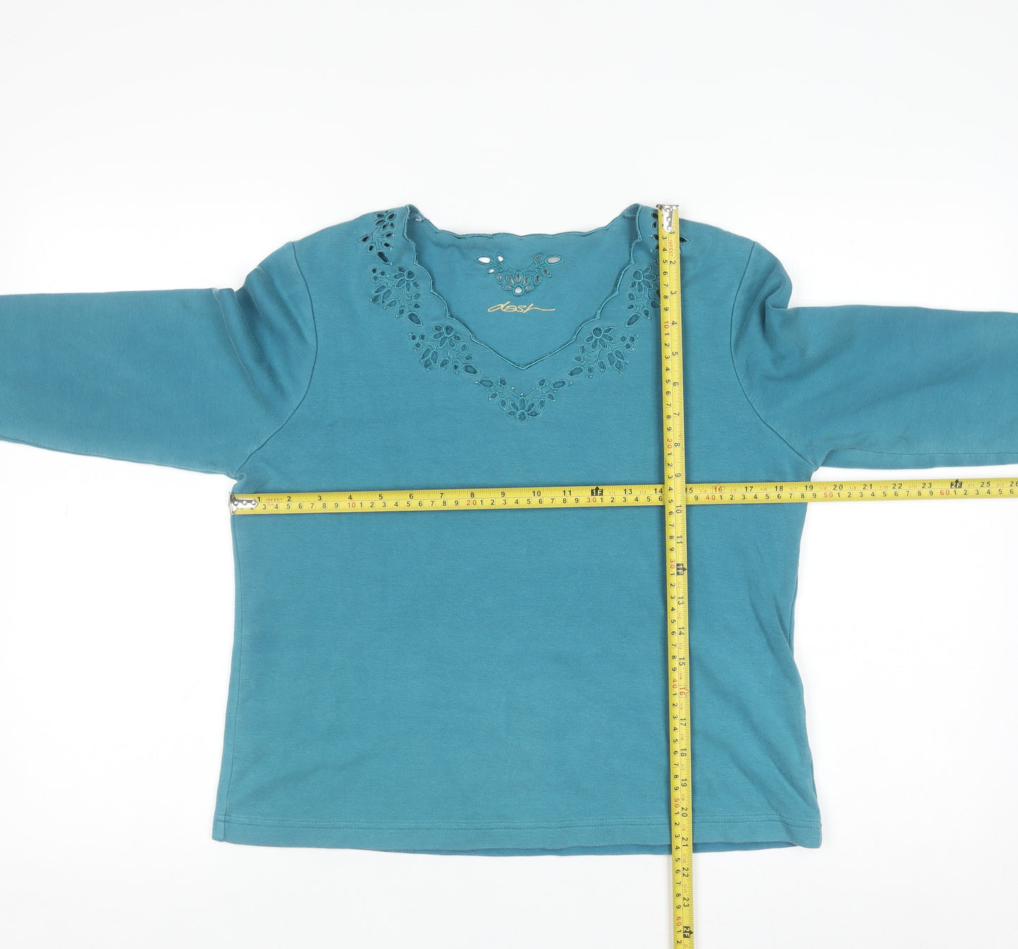 Dash Womens Blue V-Neck 3/4 Sleeve Cotton Stretch Top Size 14