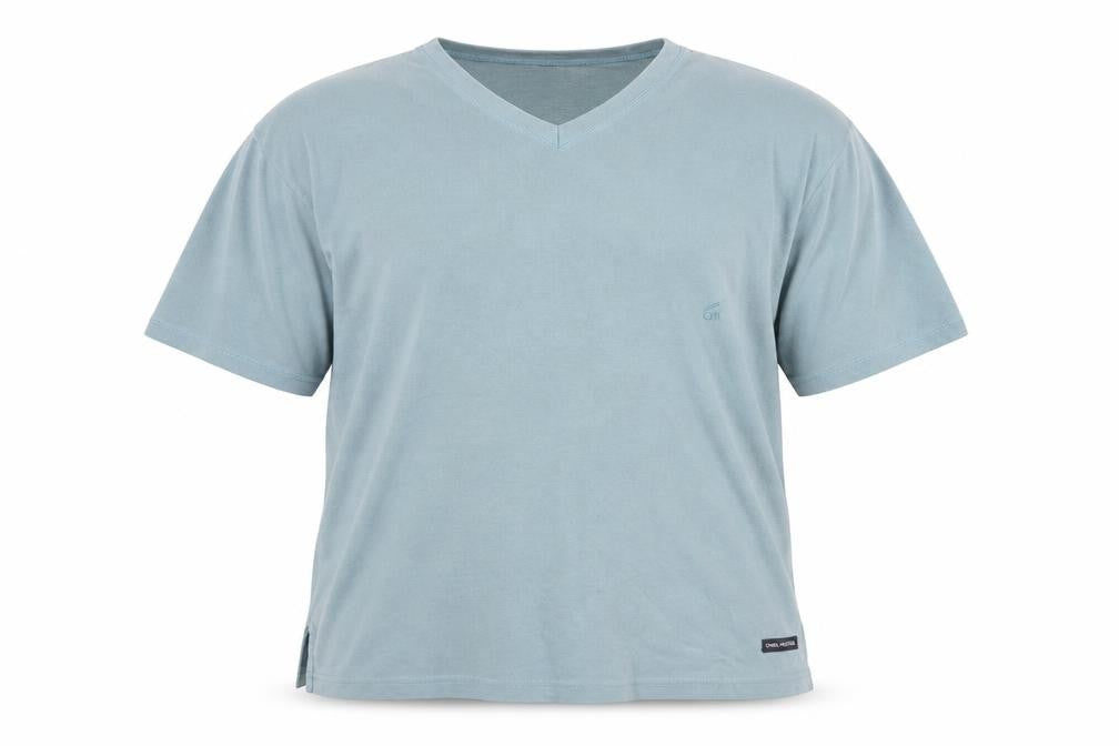Front view of Daniel Hechter Men's Blue Cotton V-Neck T-Shirt, size L