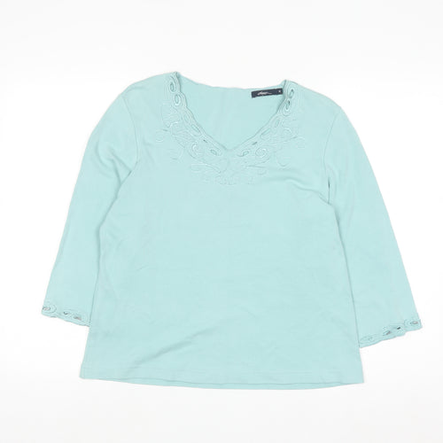 Dash Women's Blue Embroidered V-Neck 3/4 Sleeve Cotton Top Size 14