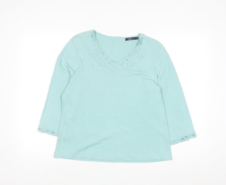 Dash Women's Blue Embroidered V-Neck 3/4 Sleeve Cotton Top Size 14