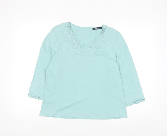 Dash Women's Blue Embroidered V-Neck 3/4 Sleeve Cotton Top Size 14