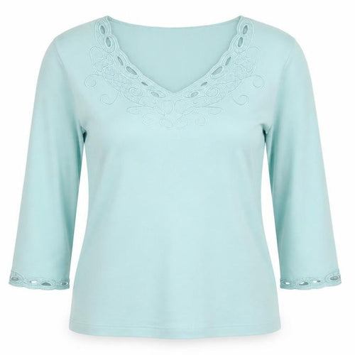 Dash Women's Blue Embroidered V-Neck 3/4 Sleeve Cotton Top Size 14