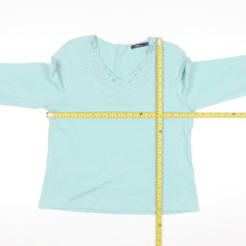 Dash Women's Blue Embroidered V-Neck 3/4 Sleeve Cotton Top Size 14