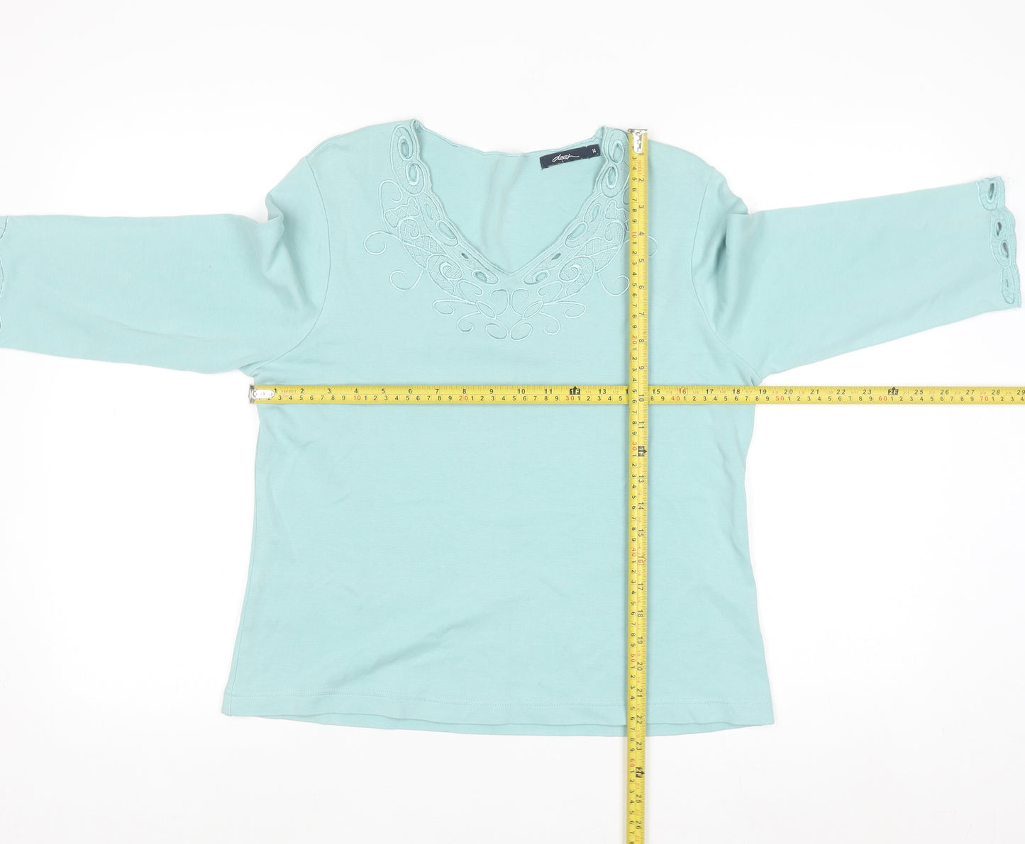 Dash Women's Blue Embroidered V-Neck 3/4 Sleeve Cotton Top Size 14